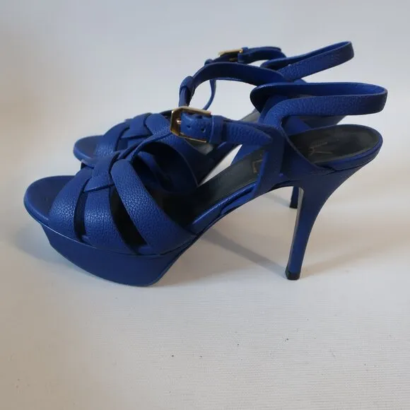 Authentic YSL Yves Saint Laurent Blue Leather Tribute Strappy Heels 36.5 US/6.5