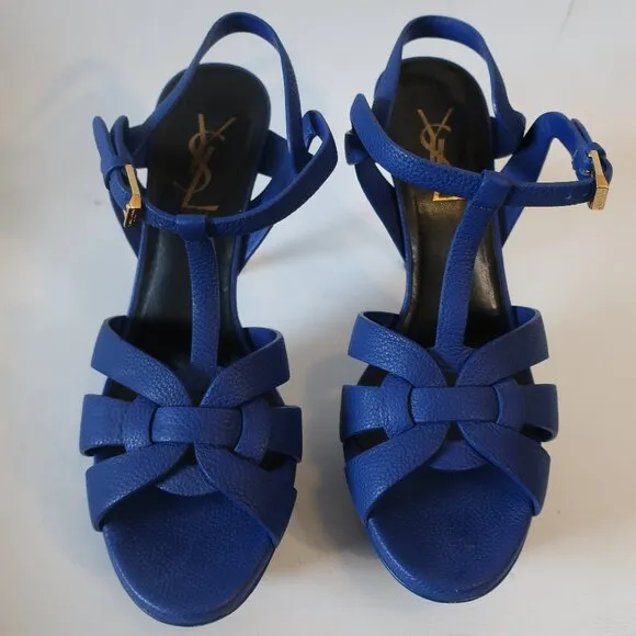 Authentic YSL Yves Saint Laurent Blue Leather Tribute Strappy Heels 36.5 US/6.5