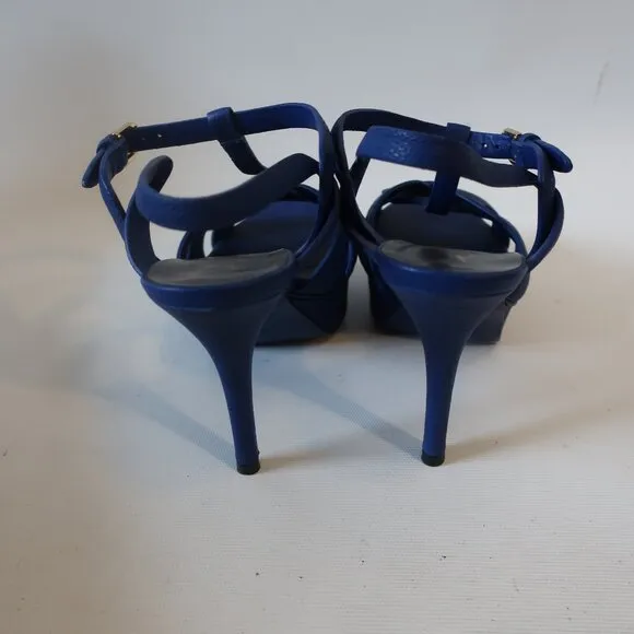 Authentic YSL Yves Saint Laurent Blue Leather Tribute Strappy Heels 36.5 US/6.5