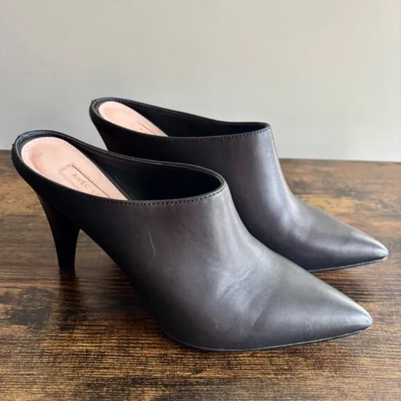 AVEC LES FILLES| Chic Black Leather Pointy Toe 4” Heel Mules Sz 5.5M