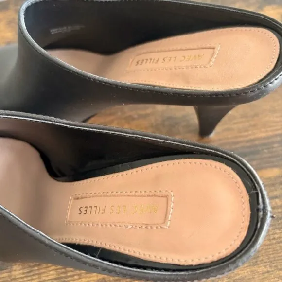 AVEC LES FILLES| Chic Black Leather Pointy Toe 4” Heel Mules Sz 5.5M