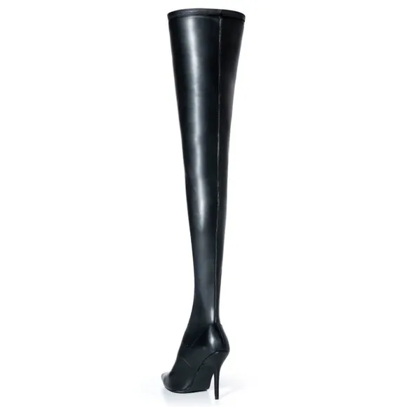 AZALEA WANG • Silvia Stretch Thigh High Black Leather Boot Stiletto Pump Heels