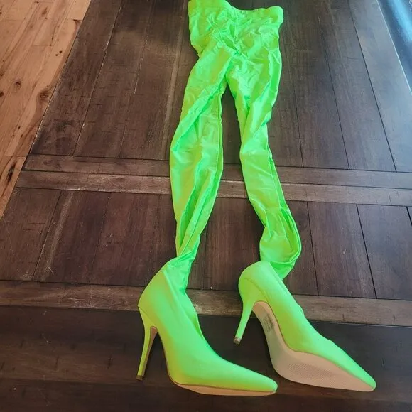 Azalea Wang Taytay-Lime Neon Green Stiletto Heels With Attached Leggings US Size