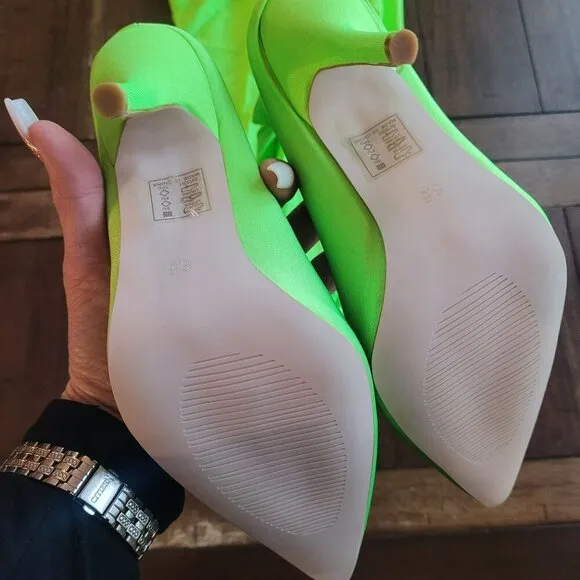 Azalea Wang Taytay-Lime Neon Green Stiletto Heels With Attached Leggings US Size