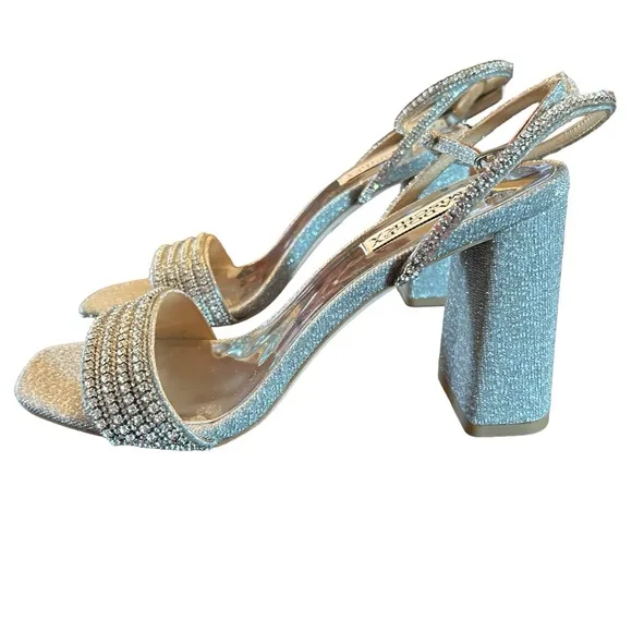 Badgley Mischka  Becca Strappy Block Heels Silver Metallic Rhinestone NEW Size 7