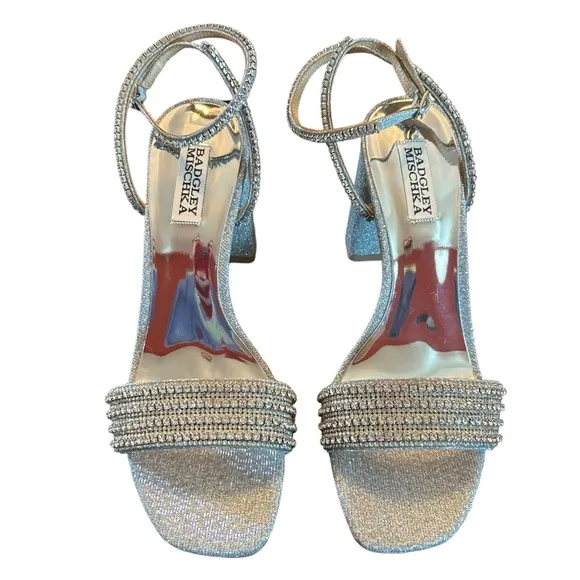 Badgley Mischka  Becca Strappy Block Heels Silver Metallic Rhinestone NEW Size 7