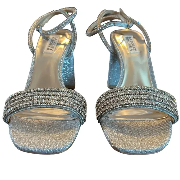 Badgley Mischka  Becca Strappy Block Heels Silver Metallic Rhinestone NEW Size 7