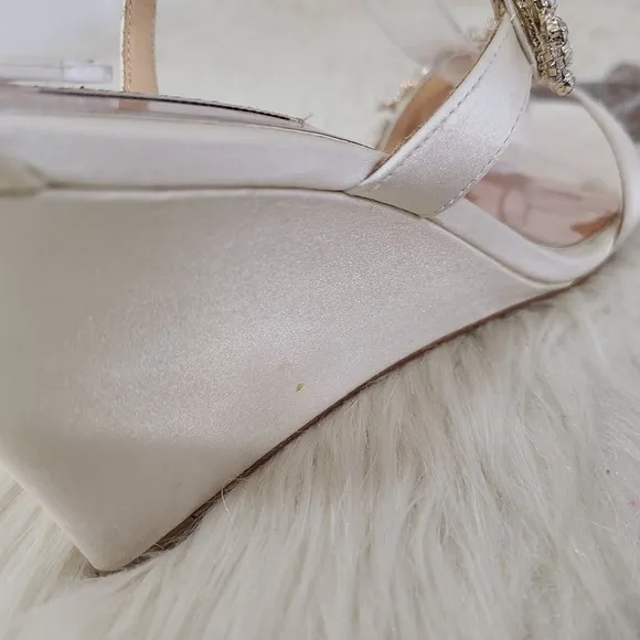 Badgley Mischka Bennet embellished strappy wedge heels ivory satin size 8.5
