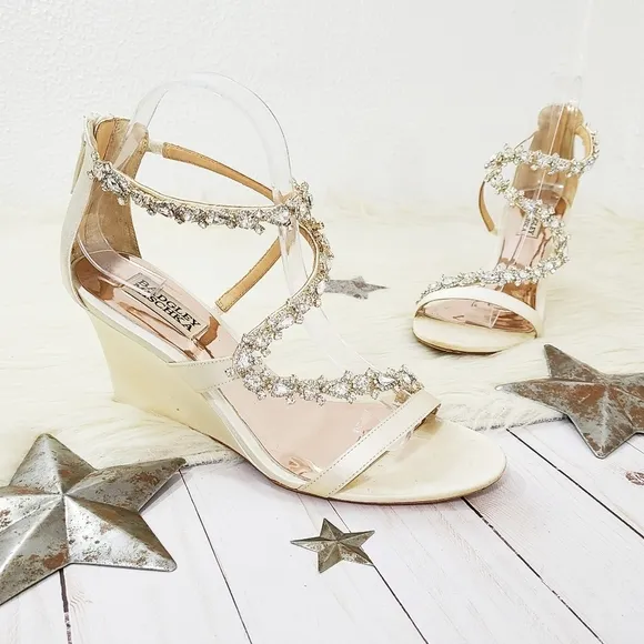 Badgley Mischka Bennet embellished strappy wedge heels ivory satin size 8.5