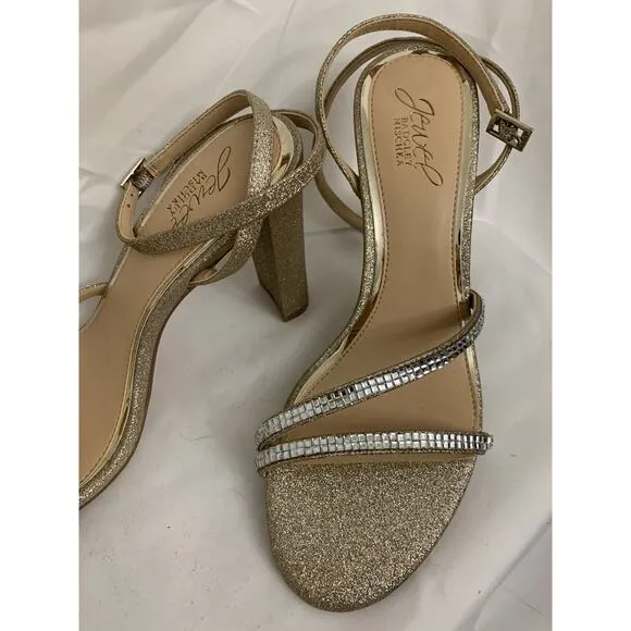 Badgley Mischka Strappy Heels Women’s Size 7.5 Rhinestones Gold Glitter
