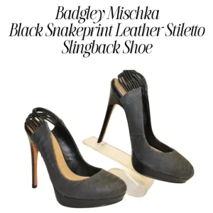 Badgley Mischka Womens Size 7 M Black Snakeprint Leather Stiletto Slingback Shoe