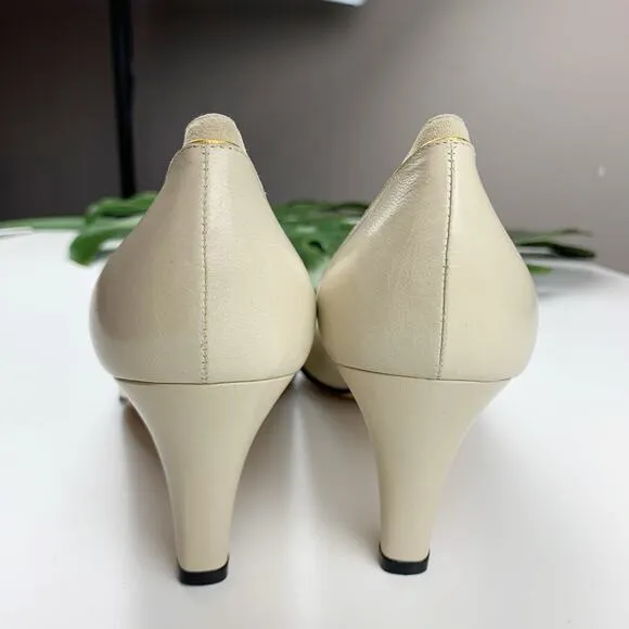 Bally Heels Cream Leather Pumps Slip On Pointed Toe Italy Women's 8