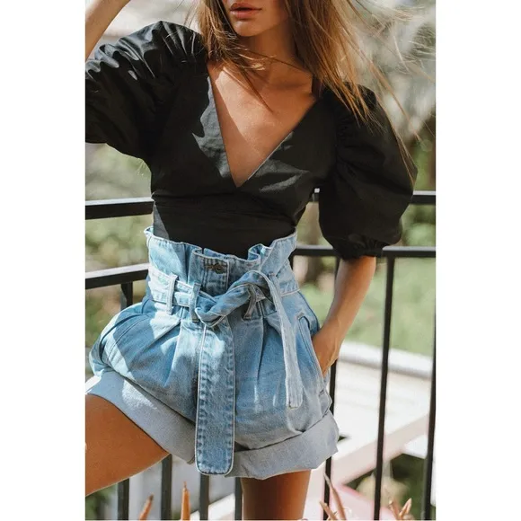 Bardot Paperbag Vintage Wash High Rise Denim Jean Shorts