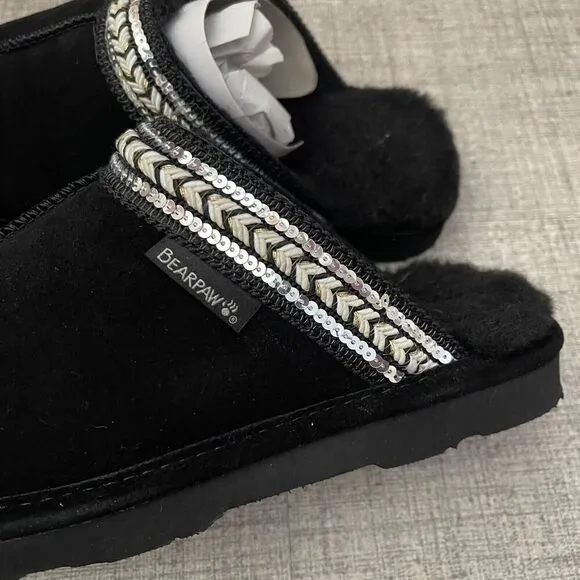 BEARPAW Tanya Suede Embellished Slipper Mule Black Size 9 NEW Sequin Comfort