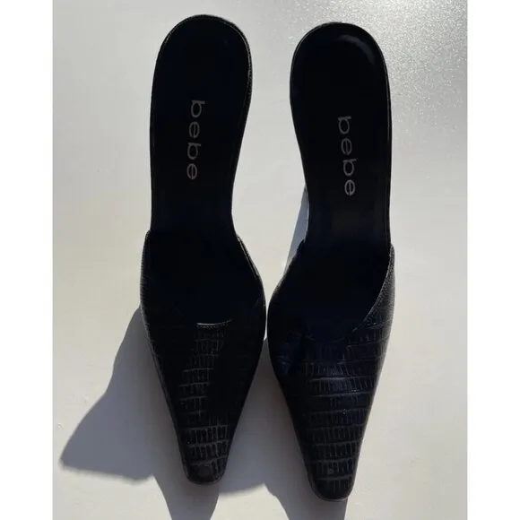 Bebe Women’s Sz 5 Black Crocodile Leather Platform Stiletto Heels Made in Spain