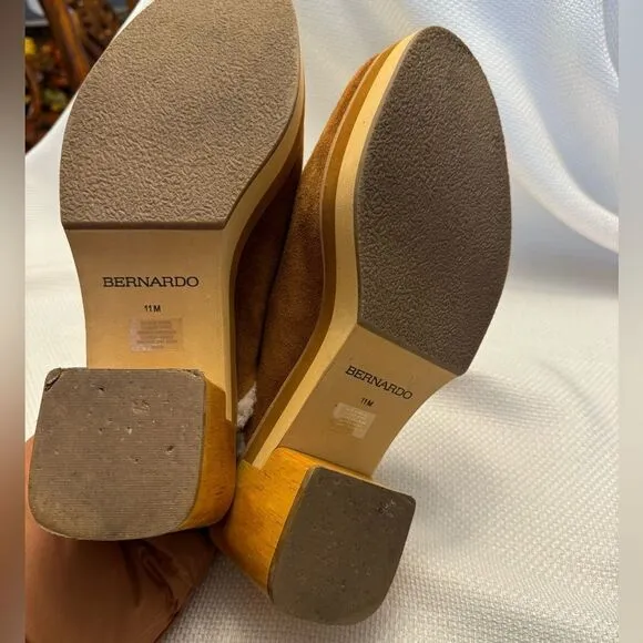 Bernardo Shearling Suede Clog Mules - Wooden Heel, Size 11M Boho leather
