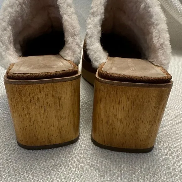 Bernardo Shearling Suede Clog Mules - Wooden Heel, Size 11M Boho leather