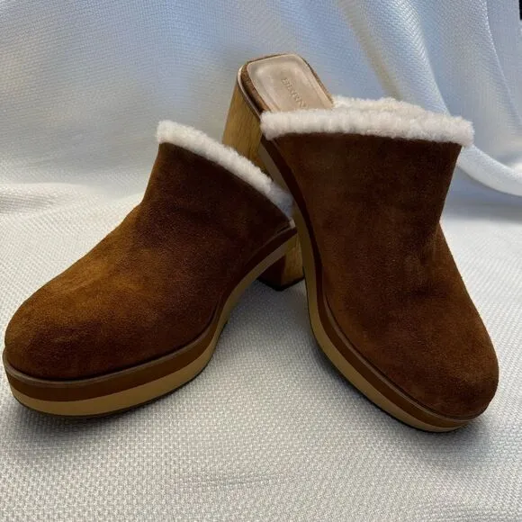 Bernardo Shearling Suede Clog Mules - Wooden Heel, Size 11M Boho leather