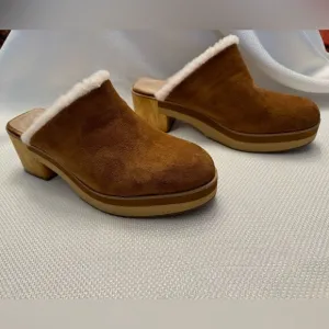 Bernardo Shearling Suede Clog Mules - Wooden Heel, Size 11M Boho leather