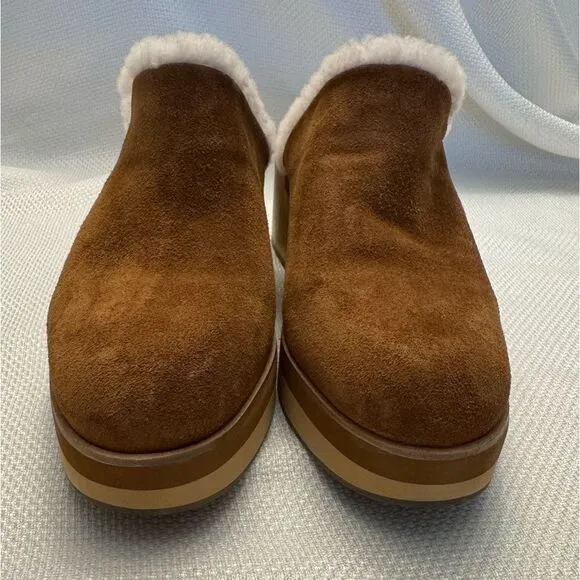 Bernardo Shearling Suede Clog Mules - Wooden Heel, Size 11M Boho leather