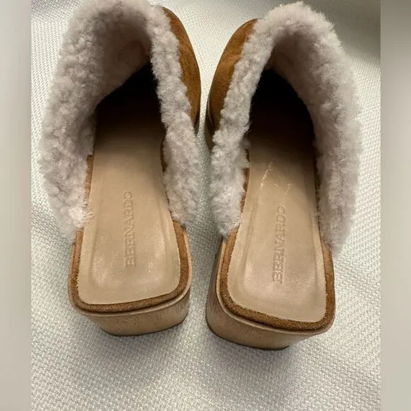 Bernardo Shearling Suede Clog Mules - Wooden Heel, Size 11M Boho leather