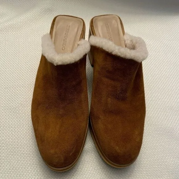 Bernardo Shearling Suede Clog Mules - Wooden Heel, Size 11M Boho leather