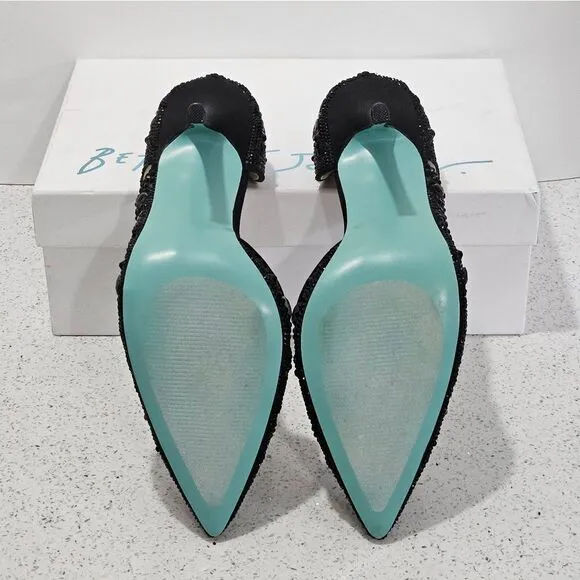 Betsey Johnson, black floral beaded heels. Size 9.5 NEW