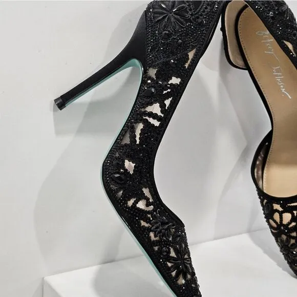 Betsey Johnson, black floral beaded heels. Size 9.5 NEW