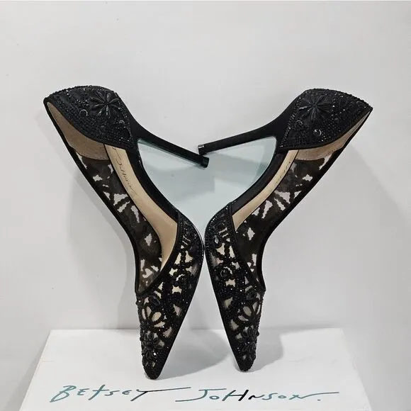 Betsey Johnson, black floral beaded heels. Size 9.5 NEW