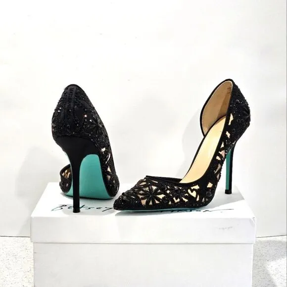 Betsey Johnson, black floral beaded heels. Size 9.5 NEW
