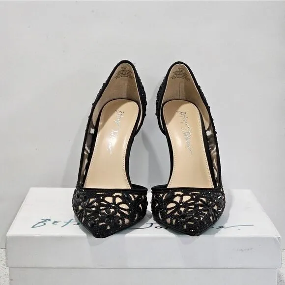 Betsey Johnson, black floral beaded heels. Size 9.5 NEW