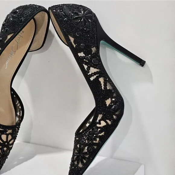 Betsey Johnson, black floral beaded heels. Size 9.5 NEW