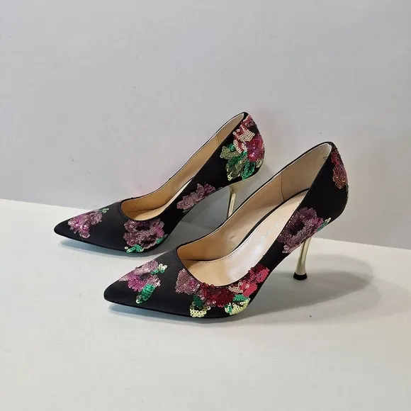 Betsey Johnson Black Jonas Elegant Glam Sequin Pointed Toe Pump Heels Size 7.5