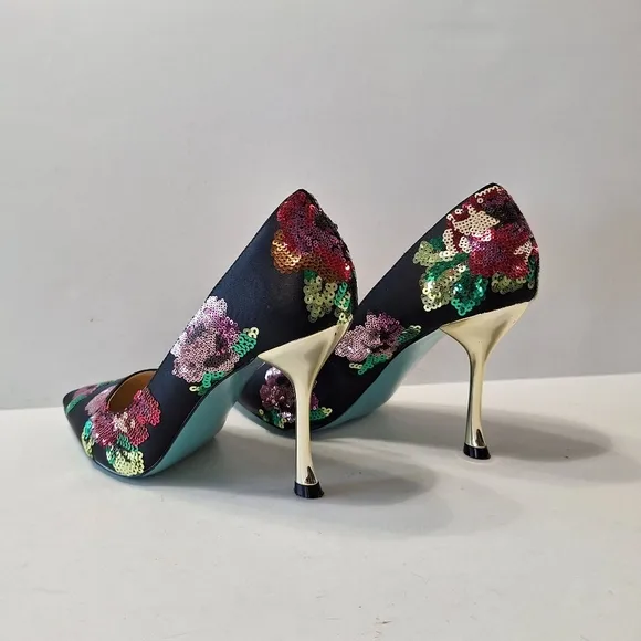 Betsey Johnson Black Jonas Elegant Glam Sequin Pointed Toe Pump Heels Size 7.5