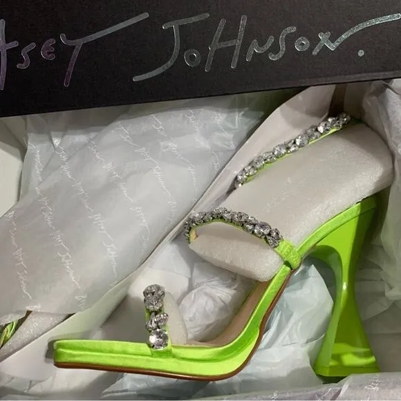 Betsey Johnson Perry Citron Neon Green Rhinestone Strappy Heels Size 8 8.5