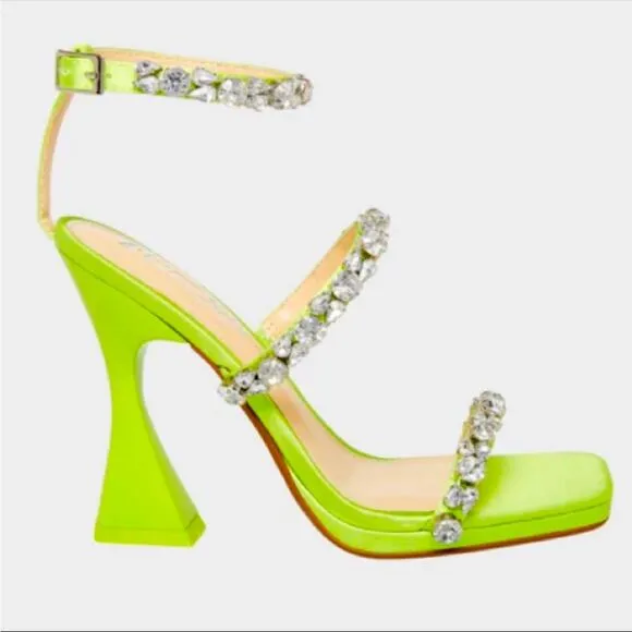Betsey Johnson Perry Citron Neon Green Rhinestone Strappy Heels Size 8 8.5
