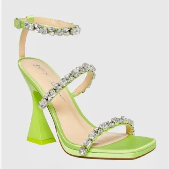 Betsey Johnson Perry Citron Neon Green Rhinestone Strappy Heels Size 8 8.5