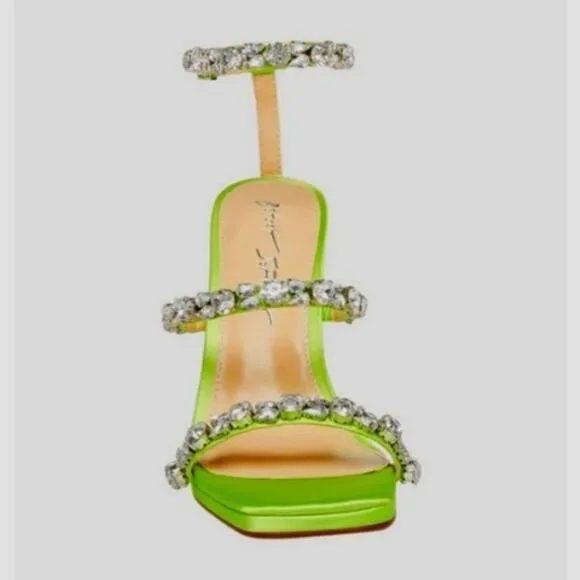 Betsey Johnson Perry Citron Neon Green Rhinestone Strappy Heels Size 8 8.5