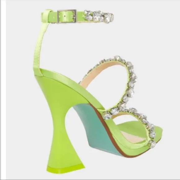 Betsey Johnson Perry Citron Neon Green Rhinestone Strappy Heels Size 8 8.5