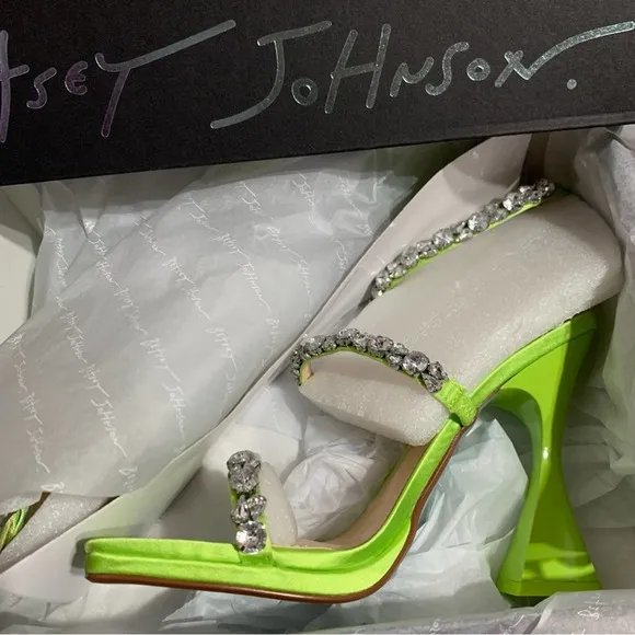Betsey Johnson Perry Citron Neon Green Rhinestone Strappy Heels Size 8.5