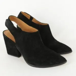 Bettye Muller Women's Size 9 Black Suede Sling Back Block Heel Point Toe Mules