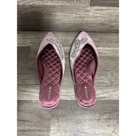 Birdies The Swan Jeweled Raspberry Velvet Sparkle Mules Pointed Toe Women Sz 9.5
