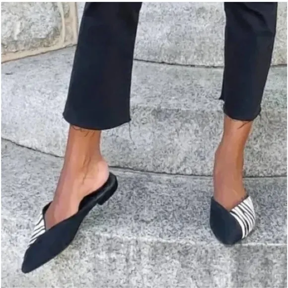 Birdies The Swan Zebra Animal Print Calf Hair Suede Mules Black Cream Size 7