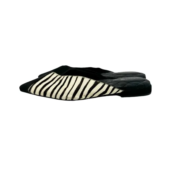Birdies The Swan Zebra Animal Print Calf Hair Suede Mules Black Cream Size 7