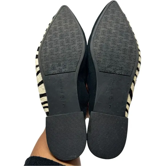 Birdies The Swan Zebra Animal Print Calf Hair Suede Mules Black Cream Size 7