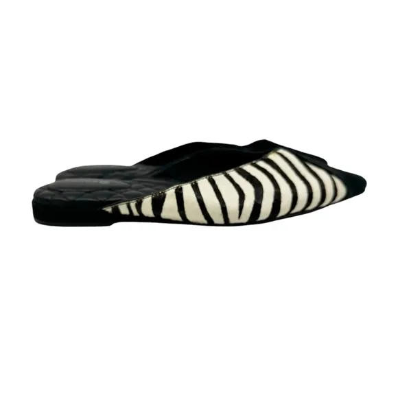Birdies The Swan Zebra Animal Print Calf Hair Suede Mules Black Cream Size 7