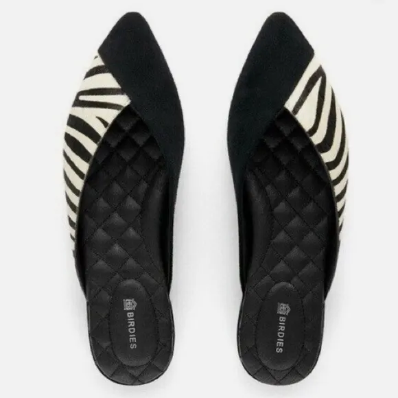 Birdies The Swan Zebra Animal Print Calf Hair Suede Mules Black Cream Size 7