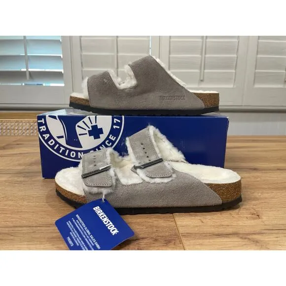 Birkenstock Arizona Shearling Sandals Suede Stone Coin Size 8 US 39 EU NIB