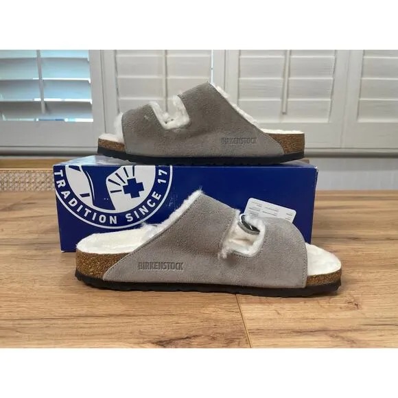Birkenstock Arizona Shearling Sandals Suede Stone Coin Size 8 US 39 EU NIB