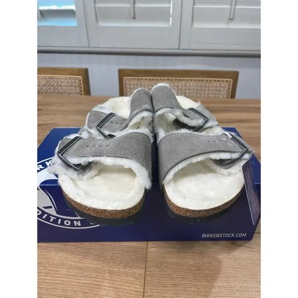 Birkenstock Arizona Shearling Sandals Suede Stone Coin Size 8 US 39 EU NIB
